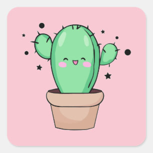 Pegatina Cuadrada Cactus de bebé sonriente feliz en jarrón con estre