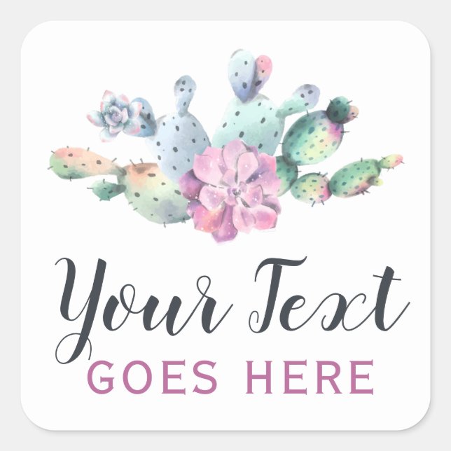 Pegatina Cuadrada Cactus de higo chumbo bohemio acuarela (Anverso)