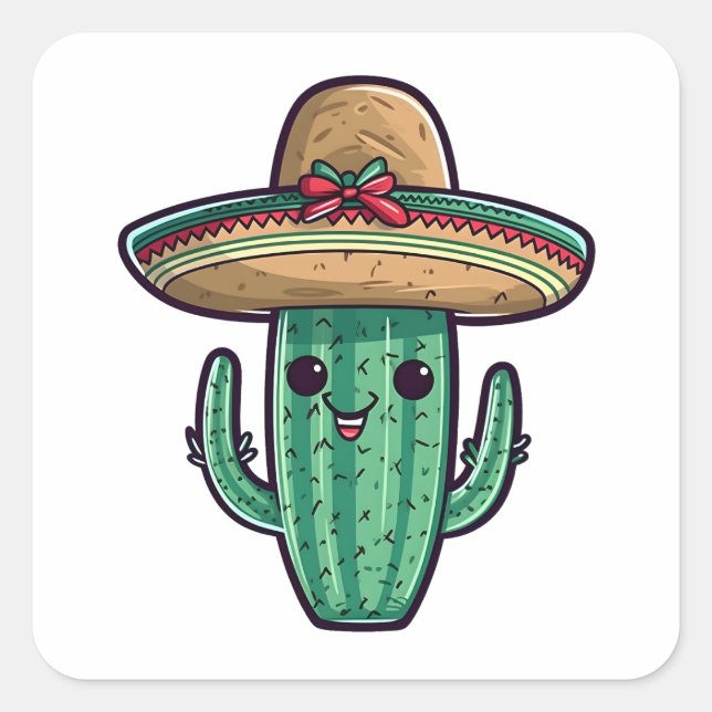 Pegatina Cuadrada Cactus de Sombrero Mexicano (Anverso)