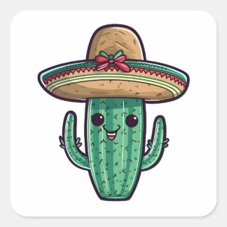 Pegatina Cuadrada Cactus de Sombrero Mexicano