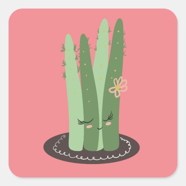 Pegatina Cuadrada Cactus Doodle Personalizado Funny Rosa Verde (Anverso)
