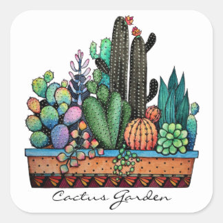 Pegatina Cuadrada Cactus Garden Cute Watercolor En Pot