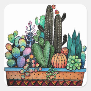 Pegatina Cuadrada Cactus Garden Cute Watercolor En Pot