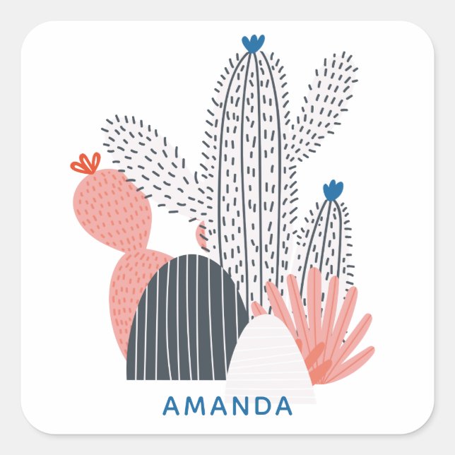 Pegatina Cuadrada Cactus gris rosado. Cacti abstracto moderno sucule (Anverso)