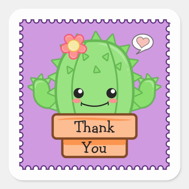 Pegatina Cuadrada Cactus Kawaii Gracias (Anverso)