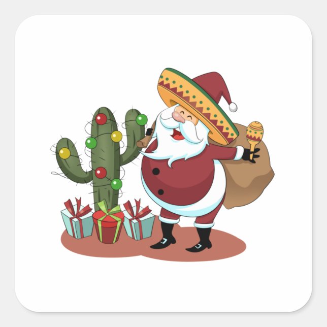 Pegatina Cuadrada Cactus personalizado y Santa Claus con sombrero (Anverso)
