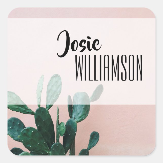Pegatina Cuadrada Cactus rosado moderno (Anverso)