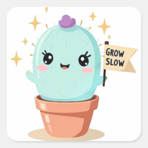 Pegatina Cuadrada Cactus StickerCrecer lento - Plan Kawaii Pastel