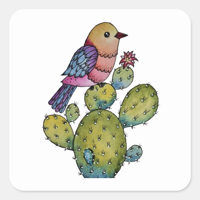 Pegatina Cuadrada Cactus Y Ave Arcoiris En Acuarela (Anverso)
