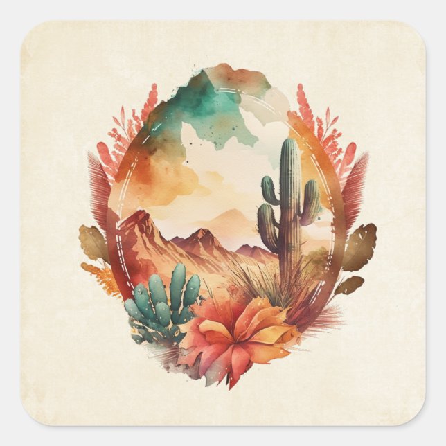 Pegatina Cuadrada Cactus y montañas del desierto acuarela (Anverso)