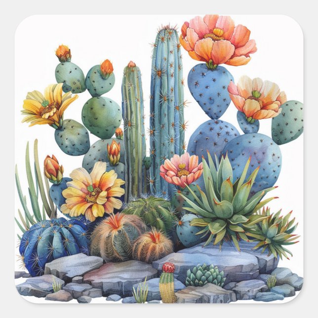 Pegatina Cuadrada Cactus y suculentos (Anverso)