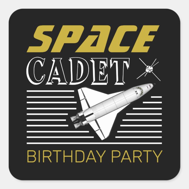 Pegatina Cuadrada Cadete espacial, naves espaciales, cumpleaños (Anverso)