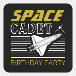 Pegatina Cuadrada Cadete espacial, naves espaciales, cumpleaños