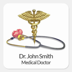Pegatina Cuadrada Caduceo de oro y estetoscopio con corazón Médico