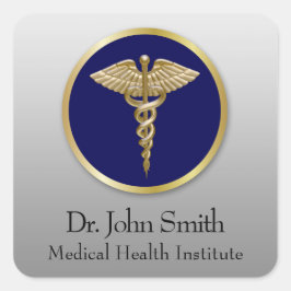 Pegatina Cuadrada Caduceto Médico Profesional de Oro Azul