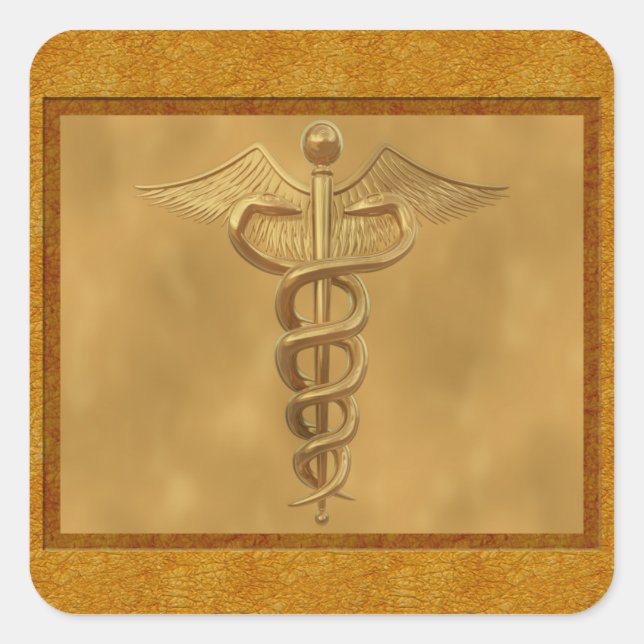 Pegatina Cuadrada Caduceus Gold Medical (Anverso)
