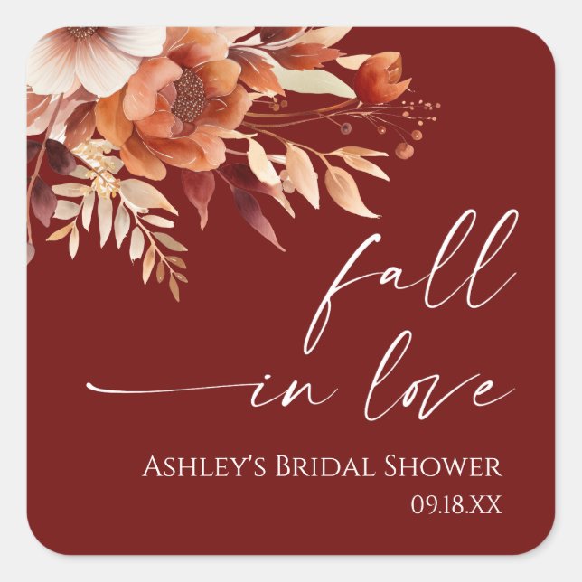 Pegatina Cuadrada Caer Enamorada Rusty Burgundy Floral Bridal Shower (Anverso)