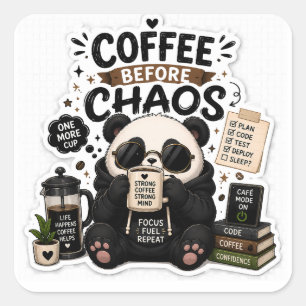 Pegatina Cuadrada Café Antes del Caos – Sticker de Panda de Café Aco