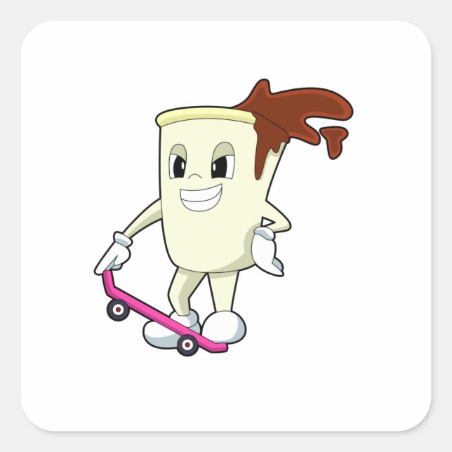 Pegatina Cuadrada Café como patinador con patineta (Anverso)