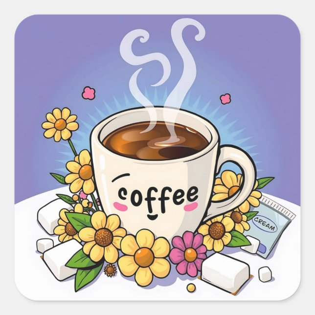 Pegatina Cuadrada Café, crema y flor Personalizado capricho (Anverso)