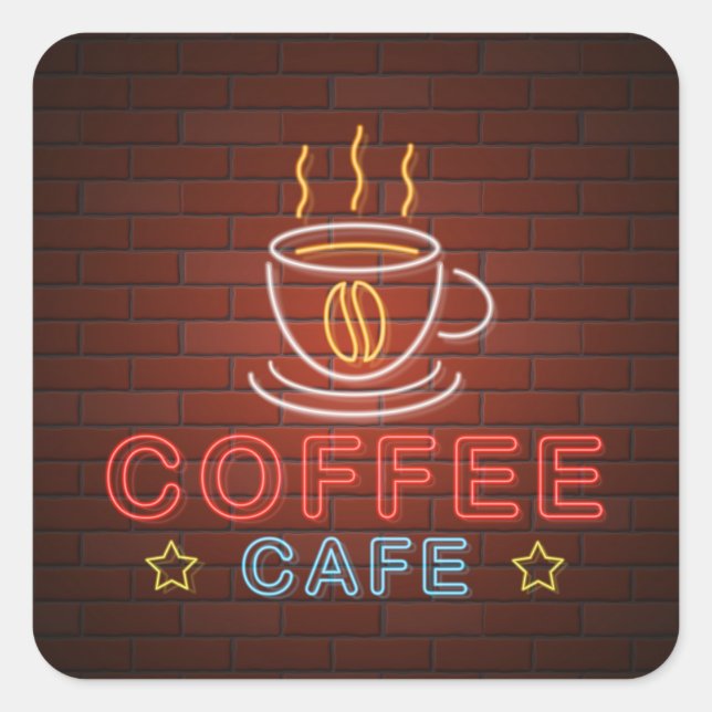 Pegatina Cuadrada Café de Café Señal de Neón (Anverso)