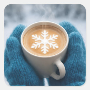 Pegatina Cuadrada Café de invierno de Navidad con mitones y copo de