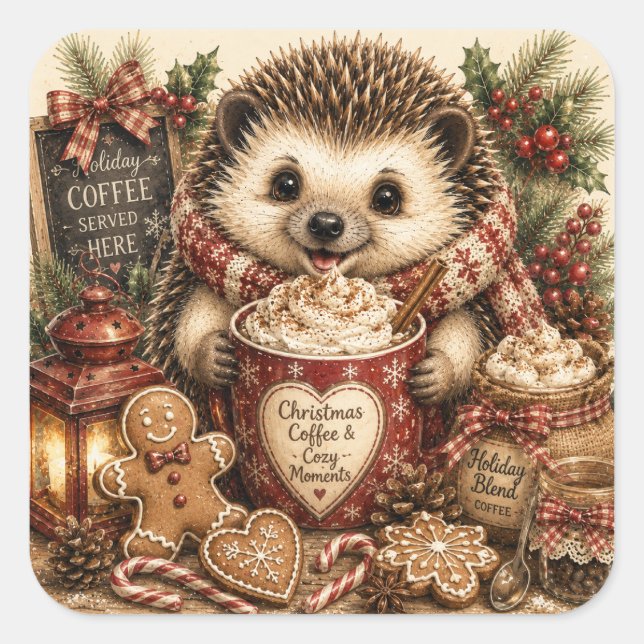 Pegatina Cuadrada Café de Navidad Erizo Acogedor Fiesta (Anverso)
