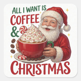 Pegatina Cuadrada Café de Santa Mañana de Navidad Alegría Navideña