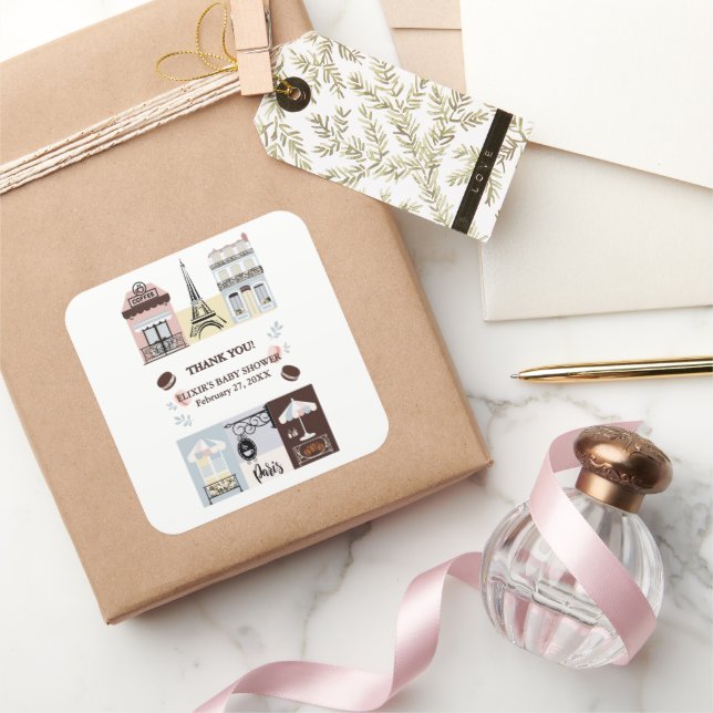 Pegatina Cuadrada Café francés París Baby Shower pastelería (Regalar)