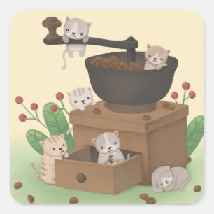 Pegatina Cuadrada Café Grinder & Kittens Ilustracion Art