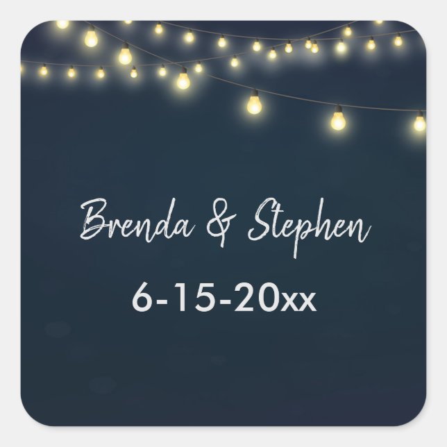 Pegatina Cuadrada Café ilumina a Bride y Groom con fecha Boda (Anverso)