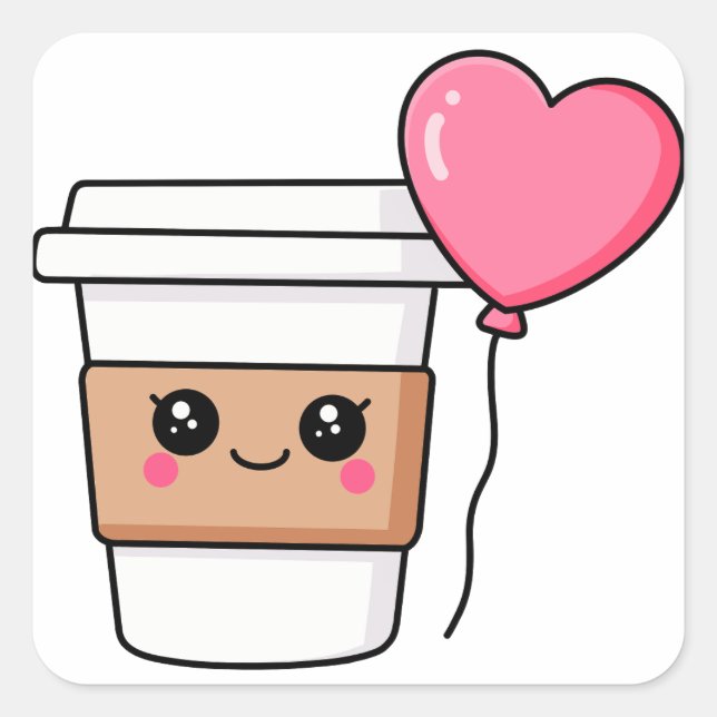 Pegatina Cuadrada Café Kawaii con corazón (Anverso)
