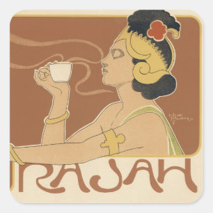 Pegatina Cuadrada Café Rajah Art Nouveau Vintage, Dama con Café