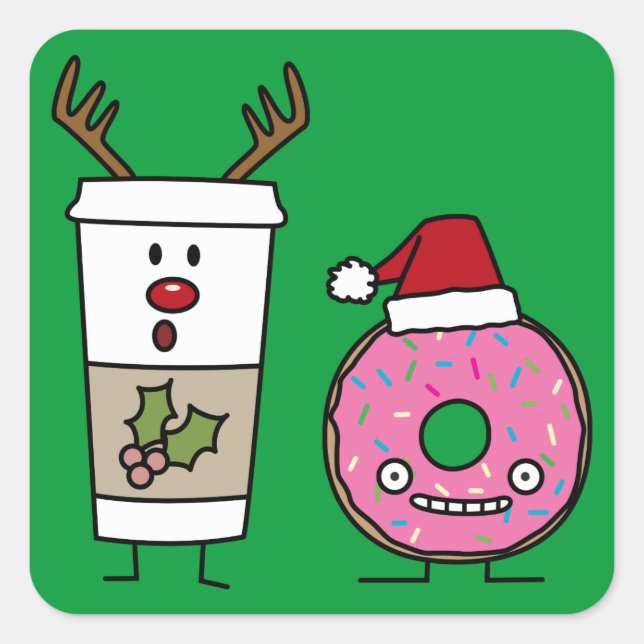 Pegatina Cuadrada Café reno y Santa Donut de los navidades (Anverso)