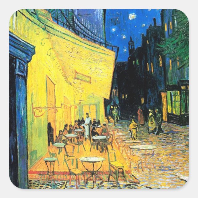 Pegatina Cuadrada Café Terrace at Night (1888) Vincent Van Gogh art (Anverso)