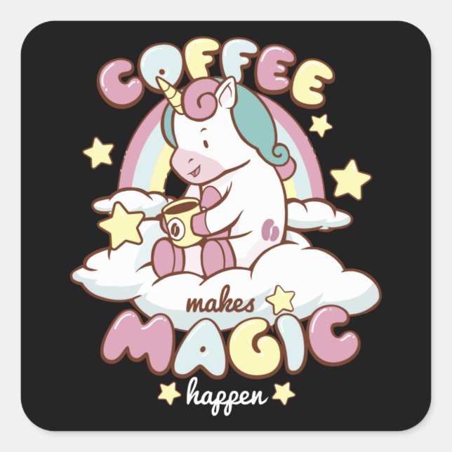 Pegatina Cuadrada Café Unicornio hace magia (Anverso)