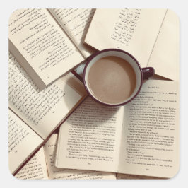 Pegatina Cuadrada Café y libros estéticos de la Academia Ligera