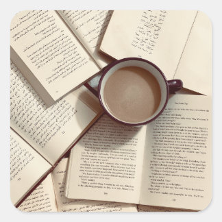 Pegatina Cuadrada Café y libros estéticos de la Academia Ligera