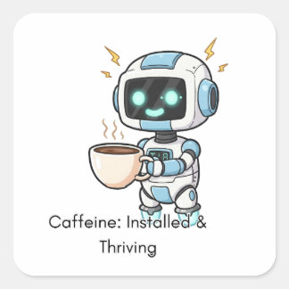 Pegatina Cuadrada Cafeína Robot: Instalada y vibrante