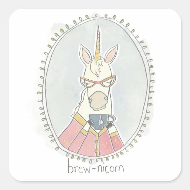 Pegatina Cuadrada Caffeinated Cutie | Brew Unicorn (Anverso)