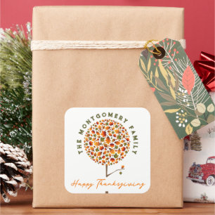 Pegatina Cuadrada Caída deja árbol pop otoñal Feliz Acción de Gracia