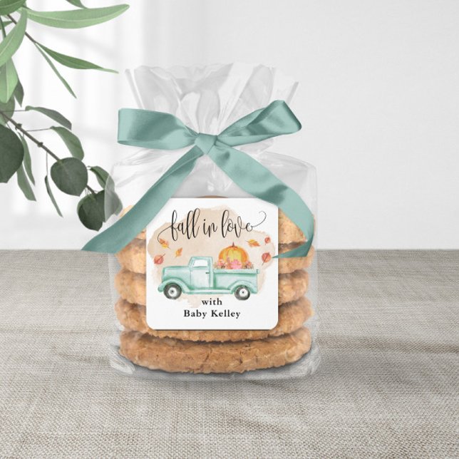 Pegatina Cuadrada Caída en el amor Calabaza Camión Baby Shower (Make your own party favors using this cute favor sticker.)