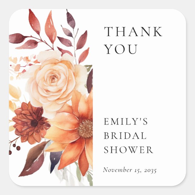 Pegatina Cuadrada Caída Floral Boho Bridal Shower (Anverso)