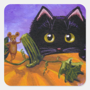 Pegatina Cuadrada Caída Halloween Black Cat Mouse Creationarts