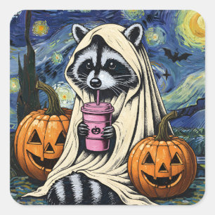 Pegatina Cuadrada Caída Halloween Ghost Calabaza Raccoon Costume Spo