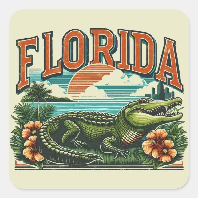 Pegatina Cuadrada caimán retro Florida (Anverso)