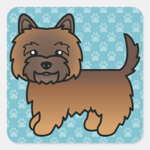 Pegatina Cuadrada Cairn Terrier Cartoon Atigrado Rojo Sobre Azul