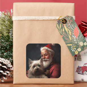 Pegatina Cuadrada Cairn Terrier con Santa Claus Navideño Festivo
