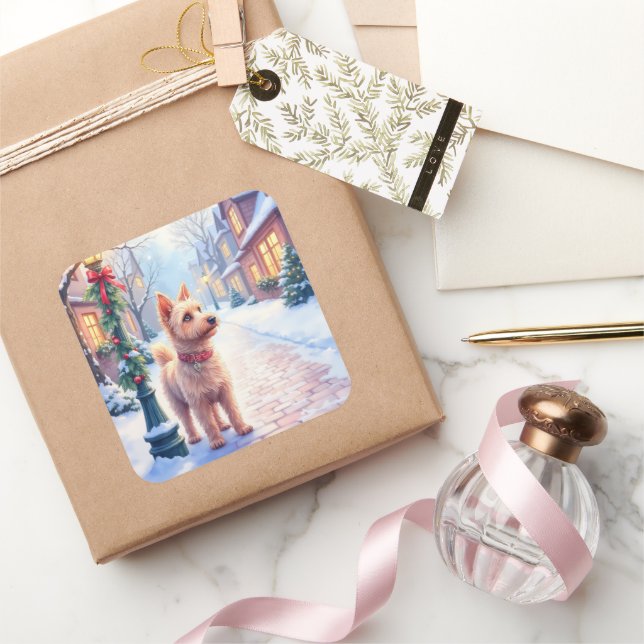 Pegatina Cuadrada Cairn Terrier Festive Lamppost Village Christmas (Regalar)