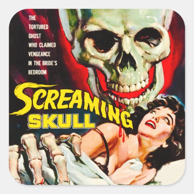 Pegatina Cuadrada Caja de cine "Screaming Skull" de época (Anverso)